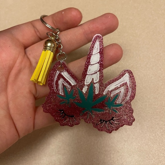 Handmade Pot Leaf Unicorn Keychain w Paint - Picture 2 of 5